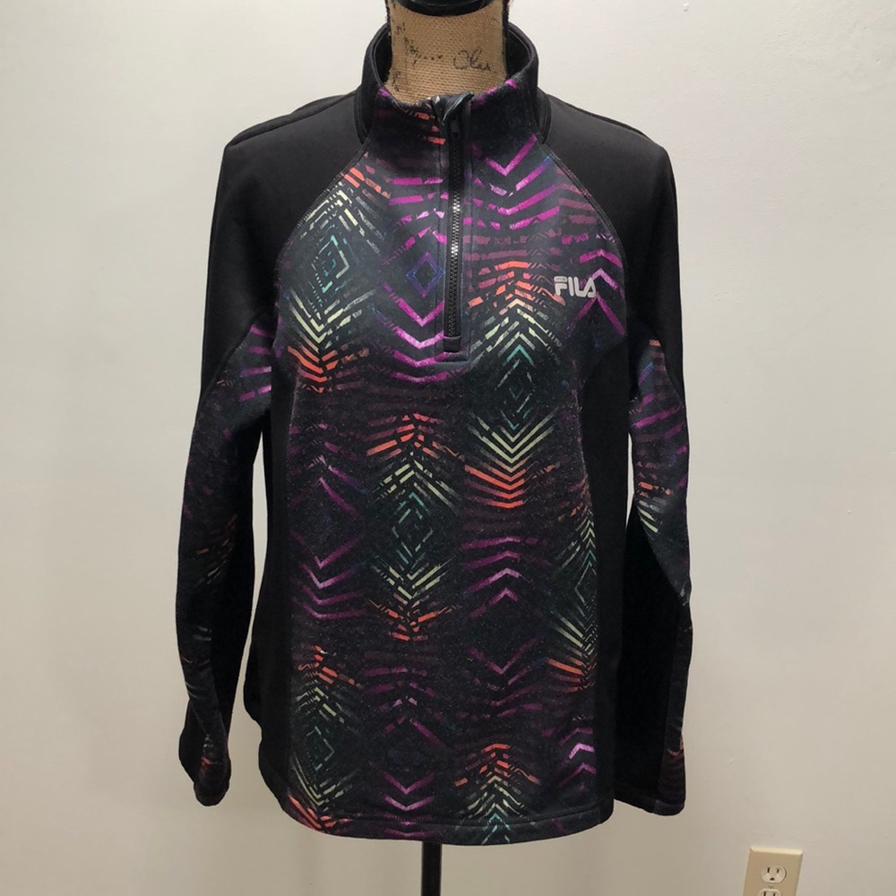 {Fila} Womens Black Multi Chevron Colorblock Mock Neck 1/4 Zip Jacket